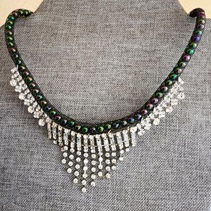 Jo Berry Jewelry Rhinestone Cascade Black Iridescent Green Purple Bead Necklace